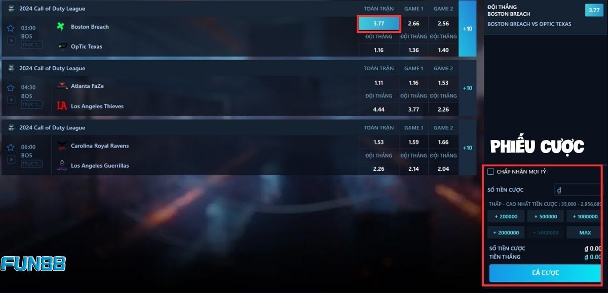 Thành viên chọn trận đấu muốn tham gia và đặt cược Call of Duty Fun88 