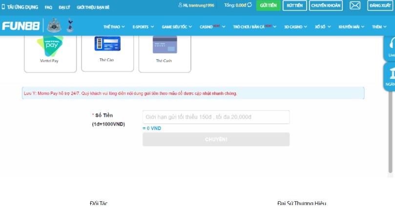 Nạp tiền Fun88 qua Momo Pay