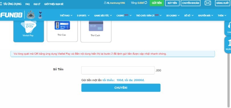 Nạp tiền Fun88 qua Viettel Pay